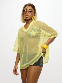 SUMWON WOMEN Mesh Beach Cover Up Jersey Style Retro Swim Cover Up Varsity Print Athletic Beachwear Loose Fit Summer Pool Coverup Breathable Net Fabric Sportswear - Yellow - View 6