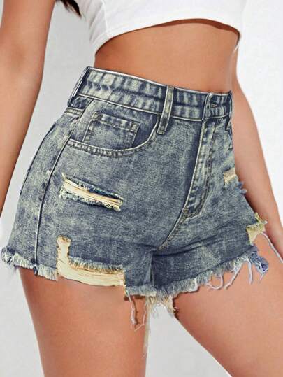 SHEIN EZwear Casual Summer Washed Ripped Frayed Denim Shorts