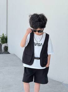 SHEIN 3pcs/Set Young Boy Korean Style White T-Shirt,Vest And Shorts Clothes Set For Summer,Back-To-School,Career Day,Birthday Party,Performance,Wedding - Black - View 4