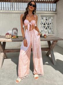 SHEIN VCAY 女士度假休闲条纹抹胸上衣和流苏长裤两件套