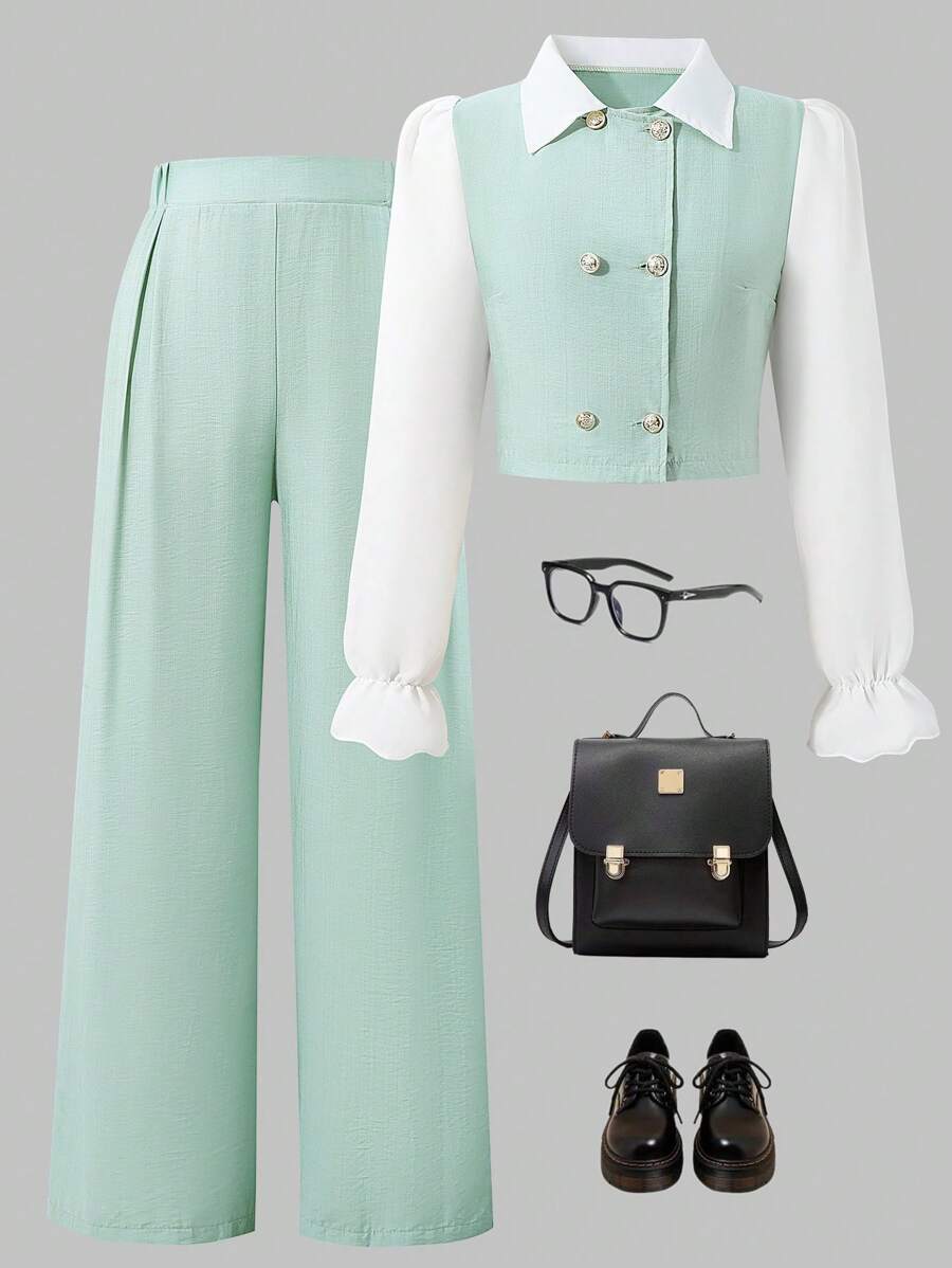 2件套少女背心上衣和直筒裤套装