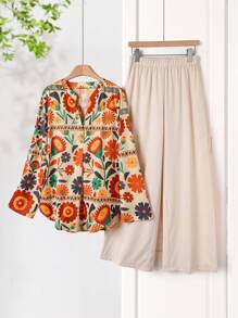 Rusticease 2 件套女士全身印花缺口领短袖上衣和纯色松紧腰裤女士假日撞色印花优雅休闲宽松上衣阔腿裤套装抹胸和裤子套装女士夏装女士两件套假日连衣裙女士假日两件套波西米亚风格女装 - 彩色 - 查看 6