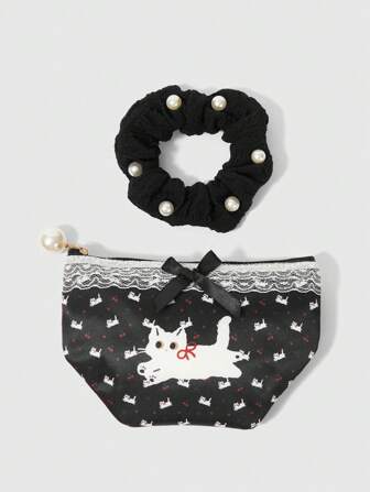 Kawaii 2 pièces Set Petit porte-monnaie compact à motif de chat et nœud papillon avec dentelle, sac de maquillage avec élastique à cheveux perlé