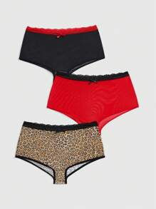 ROMWE Goth 3pcs/Set Plus Size Women Leopard Print Mesh Lace Splice Panties - Multicolor - View 1