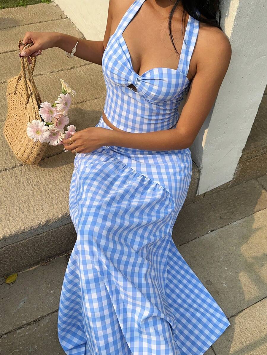 Sunnyshic Set elegante da donna composto da una camicetta allacciata a quadri e una gonna ampia