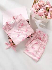 3pcs Tween Girls Cute Bow, Heart And Stripe Print Short Sleeve Cardigan, Long Pants And Shorts Pajama Set - Multicolor - View 8