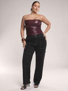 SHEIN BAE Plus Size Women's Autumn/Winter Fashion Hot Girl/Sweet Girl Ruched Elastic Solid Angola Red PU Leather Women Sleeveless Top