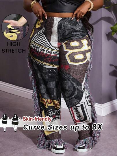 SHEIN CURVE+ Plus Size Women's Spring & Summer New Casual Street Style Retro Element Print Tassel Tie Details Leggings, Music Festival, Curve Plus, Boho Vacation