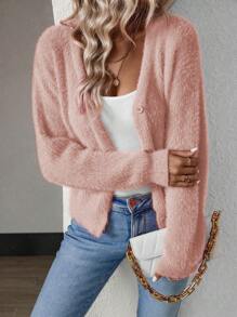 Calvaya V 领纯色前扣优雅貂皮短开衫，长袖 - 珊瑚粉 - 查看 5