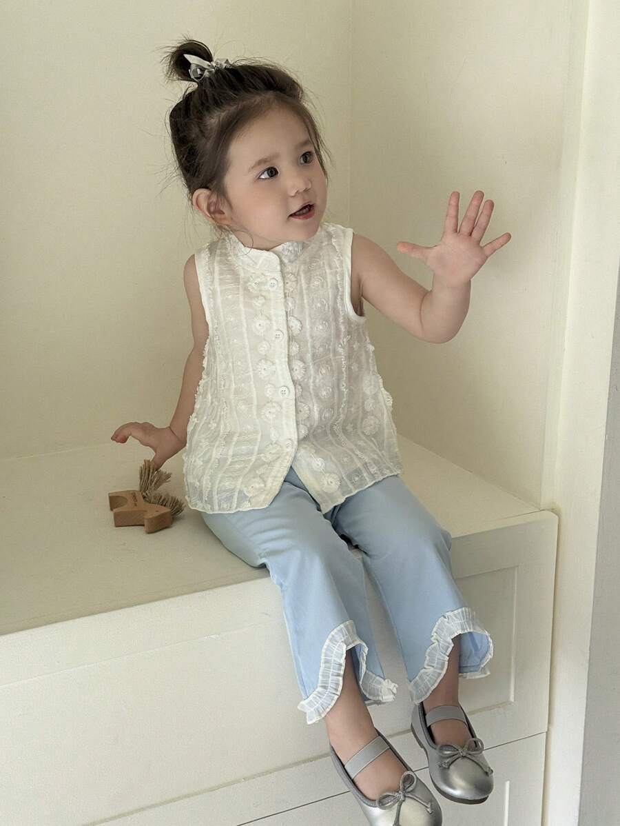 SHEIN 2 件套女婴春夏可爱休闲优雅纹理面料无袖立领衬衫和喇叭裤套装 - 藍白色 - 查看 1