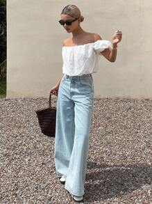Livesso Áo kiểu croptop tay ngắn trễ vai màu trơn thanh lịch dành cho nữ, thích hợp cho kỳ nghỉ hè, du lịch hoặc đi nghỉ mát. - trắng - Xem 6