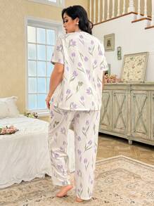 CottageSlumber طقم بيجامة مكون من ملابس علوية ذات رقبة مستديرة وأكمام قصيرة مطبوعة بطبعة زهور الزنبق الرومانسية وبنطلون، مقاس كبير