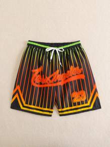 SHEIN Explorewe Tween Boy 拼色条纹印花沙滩/游泳短裤 - 彩色 - 查看 3