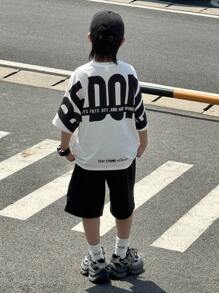 SHEIN Tween 男童休闲宽松韩版大字母图案圆领短袖 T 恤，适合通勤、上学、日常休闲装、运动、春夏 - 白色 - 查看 3