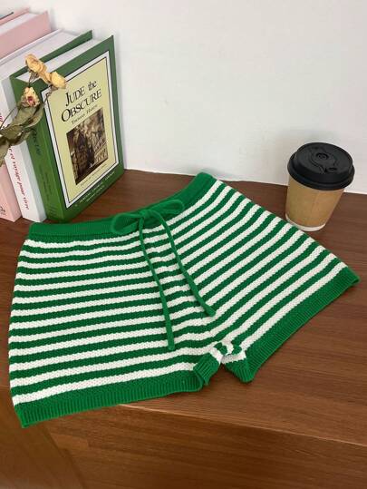 INAWLY 欧美风夏威夷拼色条纹针织超短裤女低腰修身直筒热裤