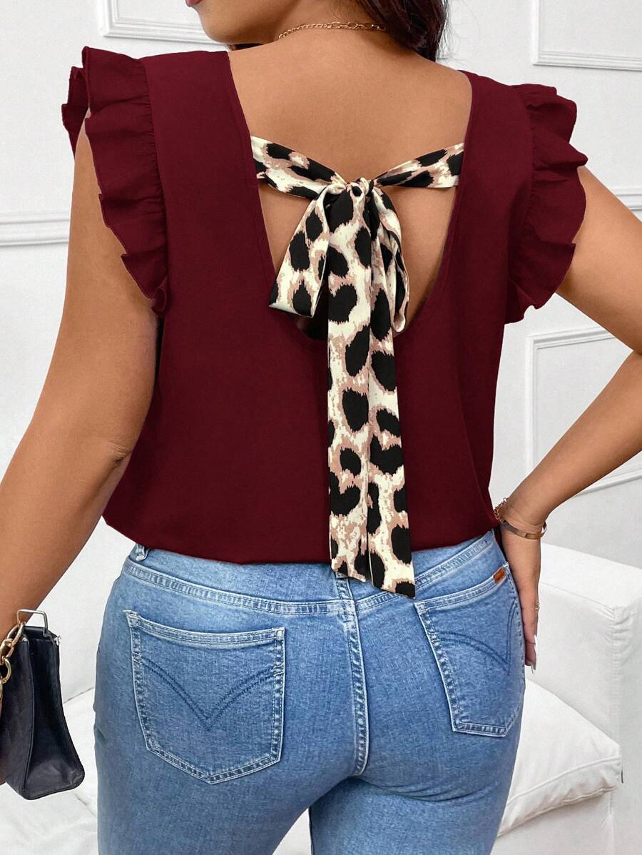 SHEIN Frenchy Plus Size Casual Elegant Leopard Print Tie-Up Spliced Cap Sleeve Crew Neck Pullover Shirt - Burgundy - View 1