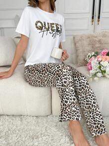 SHEIN Conjunto de pijama casual de pantalones y manga corta con estampado de leopardo y letra para mujer