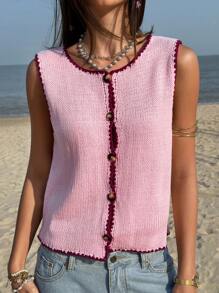 Jouncy Women Holiday Casual Contrast Trim Front Button Sleeveless Knit Top