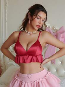 PetitDoll Đồ lót nữ trơn màu viền bèo nhún - Màu Đỏ Sâu - Xem 7