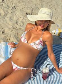 SHEIN Maternity Leopard & Floral Print Swimsuit Set, Vacation Style For Summer - Multicolor - View 6