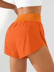 Powerista 高腰开衩运动短裤，纯色简约设计，适合夏季毛衣短裤 - 橘色 - 查看 5