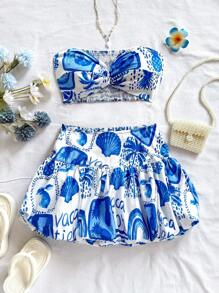 Soleia Bộ 2 món váy xòe họa tiết hàng hải màu xanh và trắng ngày lễ dành cho nữ và áo xoắn phía trước - Xanh và trắng - Xem 5