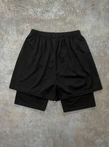 SHEIN 青少年男孩宽松休闲印花两件套短裤 - 黑色 - 查看 2