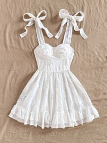 SHEIN WYWH Váy mini bó sát viền bèo nhún buộc dây xuân/hè mới - trắng - Xem 6