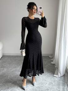 Modelyn French Retro Lace Patchwork Flare Sleeve Design Bodycon Fishtail Dress - Black - View 1