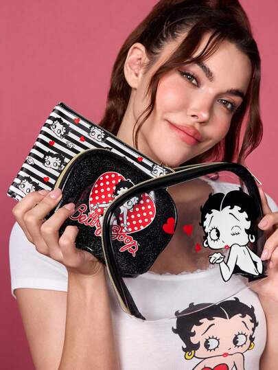 Betty Boop x SHEIN 3 Pcs/Set Cute Makeup Bag, Storage Bag, Travel Organizer Bag, Digital Organizer Bag, Multi-Function Storage,Gift Ideas,Party,Holiday,Valentine's Day