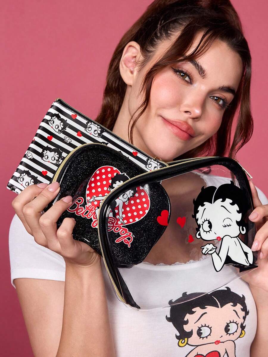 Betty Boop x SHEIN 3件套可爱化妆包、收纳包、旅行整理包、数码产品整理包、多功能收纳包，礼品之选，派对、节日、情人节适用