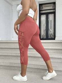 Calvaya Lace Patchwork Tight Leggings, Solid Color Fashion, Suitable For Summer - Dusty Pink - View 6