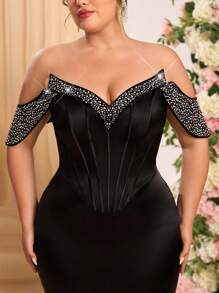 Glamrae 加大码优雅黑色夸张 V 领紧身美人鱼紧身露肩高腰串珠长礼服，适合鸡尾酒会、派对、婚礼、正式活动、晚会、婚礼宾客 - 黑色 - 查看 2