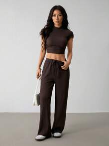 SHEIN PETITE 2 件套女士纯色短袖上衣和长裤套装，夏季时尚 - 棕色 - 查看 5