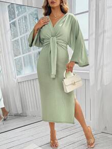 SHEIN Clasi Abito aderente mini donna taglie forti, di colore unito, con cintura in vita, maniche a pipistrello e spacco laterale