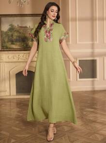 Al Najma Embroidered Collar Flower Design Shoulder Sleeve Stand Collar Elegant Dress, Kaftan