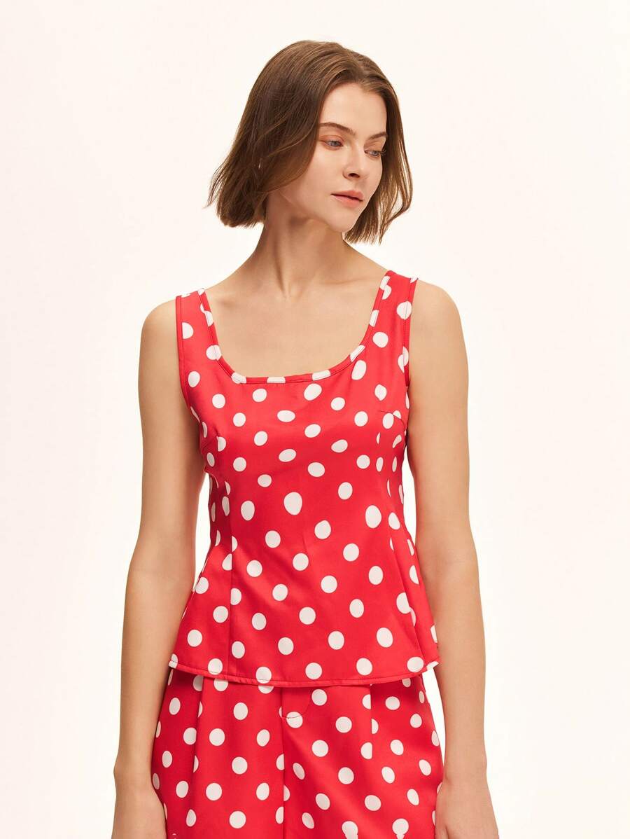 Zielony Top casual de tirantes con cuello cuadrado, cintura ceñida y estampado de lunares para mujer