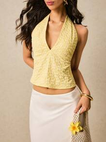 Poéselle 女士花卉提花深 V 短款背心，奶油黄色 - 黃色 - 查看 6