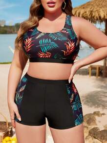 Swim Lushoire Plus Size Women 3pcs Set Tropical Rainforest Print Zipper Long Sleeve Split Sporty Casual Swimsuit Beachwear Set For Summer Beach Vacation