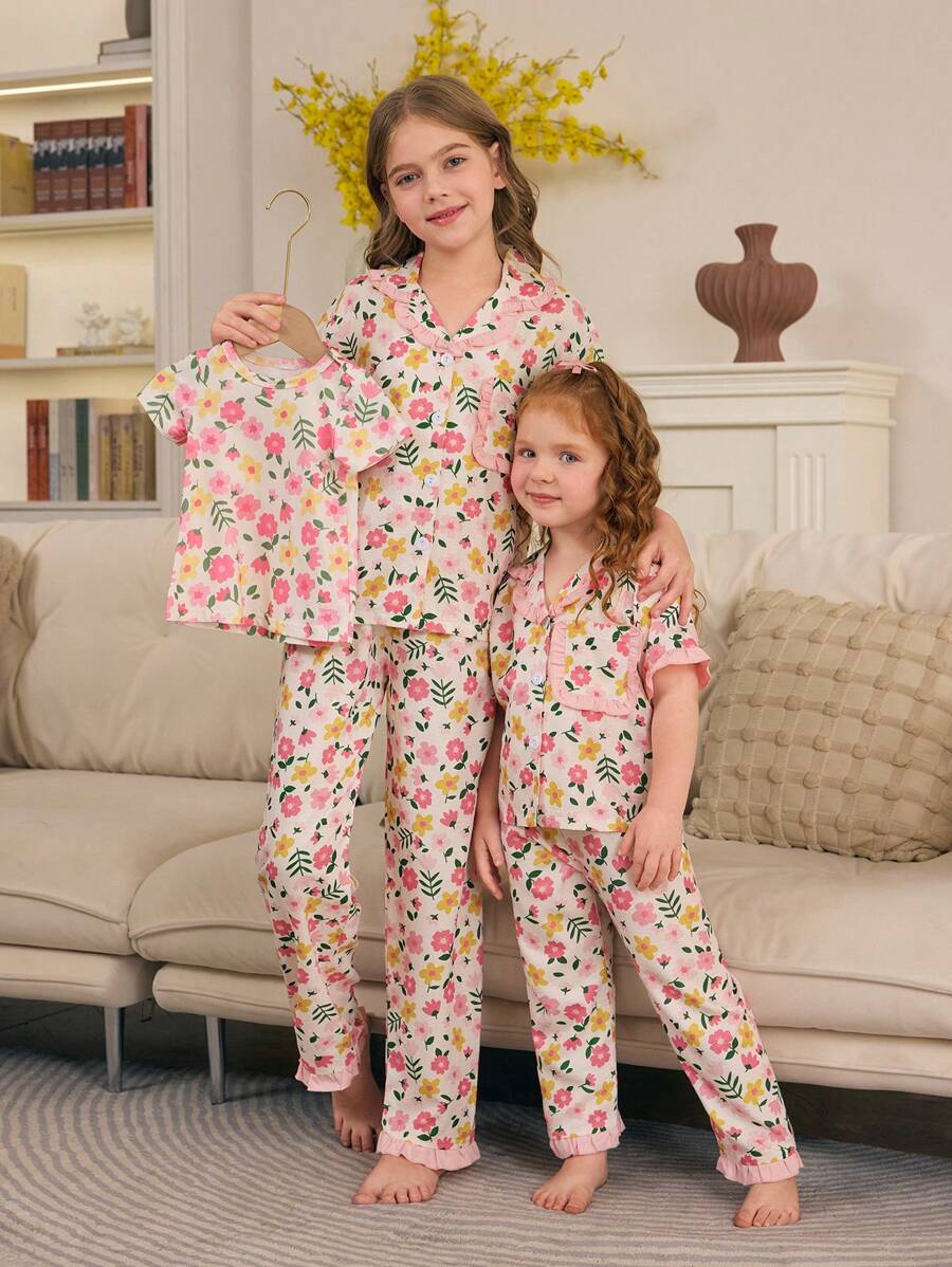 2pcs/Set Girls Floral Trimmed Short Sleeve Cardigan And Pants, Casual Comfortable Loose Fitting Pajama Sets For Toddlers, Summer
