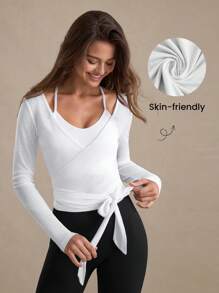 Easify SHEIN Sport Women's Casual Sports Tie-Up Long Sleeve T-Shirt, Lightweight Textured Design, Versatile For All Seasons