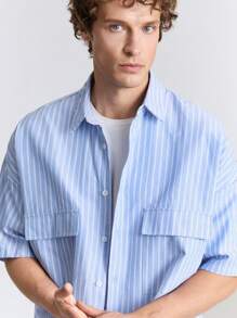 Ontre 2025 Spring/Summer Front Button Short Sleeve Pocket Striped Casual Shirt, Versatile, Breathable, Soft, Contrasting Stripes, Sunny Stylish - Baby Blue - View 8