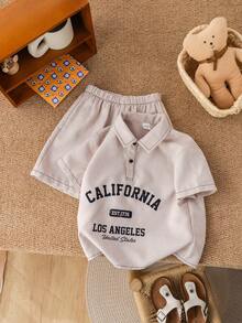 SHEIN 2pcs/Set Young Boys Casual College Style Letter Print Half-Zip Short Sleeve Shirt And Shorts Set,Comfortable Soft Fashion Summer School Outfits - Khaki - View 5