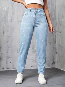 Selenza Washed Distressed Rhinestone Jeans, Casual Tapered Pants - Blue and White - View 5