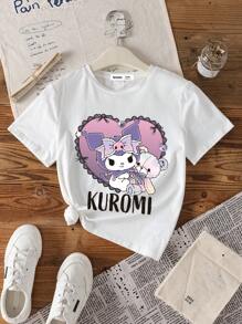 HELLO KITTY AND FRIENDS | SHEIN Girls' Monogram And Cartoon Love Bear Design Round Neck Cotton Short Sleeve T-Shirt ,Summer - White - View 6