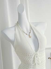 SHEIN Unity 夏季新款 V 领性感镂空露背沙滩度假休闲高腰修身针织连衣裙