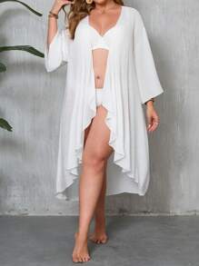 Swim Lushoire Cubre pareo tipo kimono para mujer talla grande de color negro liso, suelto y liviano, funda de baño con manga larga y larga