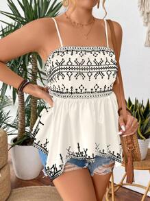 SHEIN Clasi Plus Size Women Elegant Placement Print Elastic Waist Ruffle Hem Tank Top - Multicolor - View 7