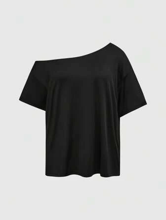 Grunge Punk T-shirt noir unicolore asymétrique pour grandes tailles, style punk de rue et sexy
