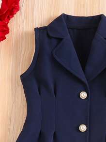 Girls Lapel Sleeveless Vest And Pants 2pcs Set, Elegant Lady & Gentleman Style, Spring/Summer Summer Holiday